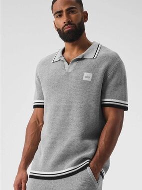 ALO Yoga Sports Club Sweater Knit Polo Athletic Heather Grey Mens Gray Polo